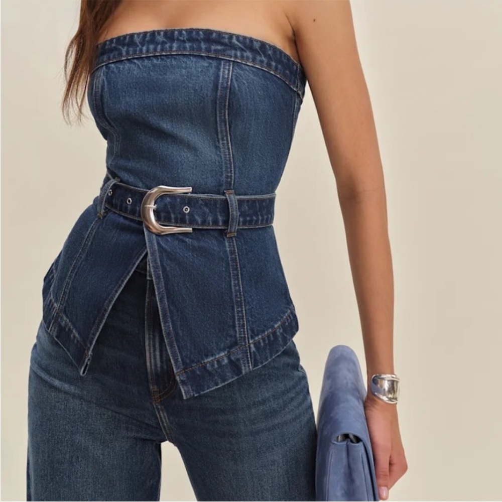 WORN ONCE Reformation Collins Denim Top in Blue - Picture 2 of 4